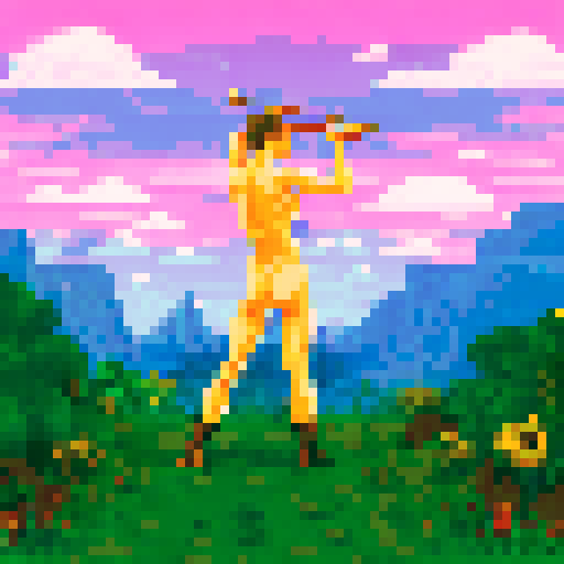 faceless nude human in yellow, wielding bow, targeting animal, surrounded by greenery, pixel art, sRGB