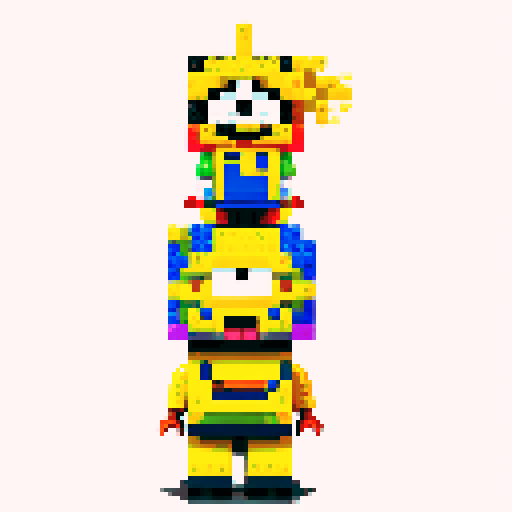 Minions, pixel lego, vibrant colors, blocky forms, playful expressions, retro video game aesthetic, 8-bit graphics, square pixels, limited color palette, sRGB compression