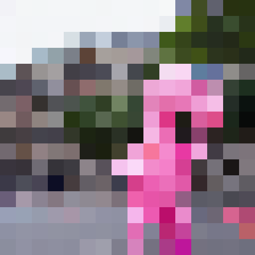 an pink dinosaur,with black glasses,hold a bunch of balloons， standing at the cross street