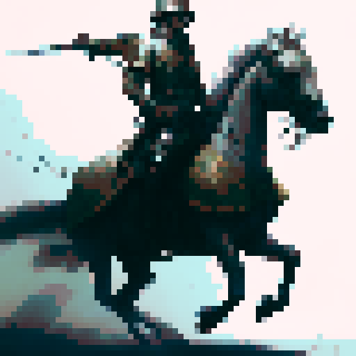 cavalry soldier on horseback holding a spear, horse front legs up and galloping