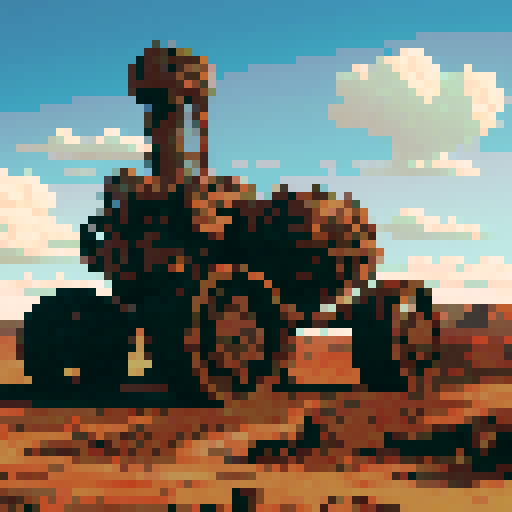 worn and weathered, industrial excavation machine, towering over the desolate landscape, surrounded by swirling clouds of dust and debris, with intricate mechanical gears and steampunk-inspired design
