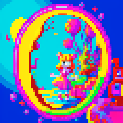 alice, curious, exploring a whimsical, psychedelic wonderland, filled with vibrant, saturated colors, surreal landscapes, pixelated characters, and fantastical creatures, all depicted in the retro, low-resolution style of pixel art, with a limited color palette inspired by the sRGB color space
