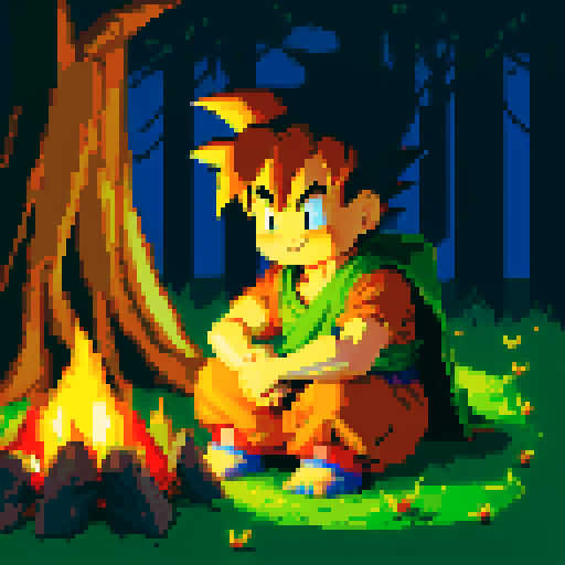 16 bit style pixel art Portrait of Goku sitting down in a campfire site, lush forest, golden hour lighting, Goku gazes into the fire as the light reflects of his clothing. Behind him is a dark, ominous forest, with towering trees and faint, eerie shadows. The cozy atmosphere of the scene is illuminated by the warm, flickering light from the bonfire, rough appearance, low quality, masterpiece, bright colors, pixelated