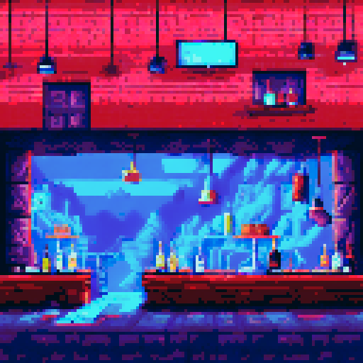 noir 24-bit pixel art game about a bar. Noir bar, there is a bartender, a wall with bottles, like game from 90's, style of cave story