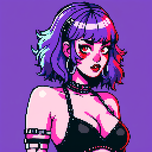 busty goth girl, with purple hair, black eyeshadow and red lipstick. wearing bikini and studded collar, seductive photo, vibrant srgb colors, edgy aesthetic