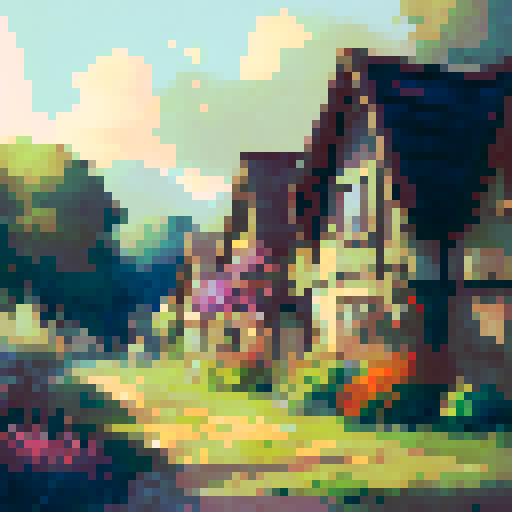 Golden wheat fields sway in the summer breeze as a quaint village nestled among small woods beckons in this warm, pastoral landscape portrait.