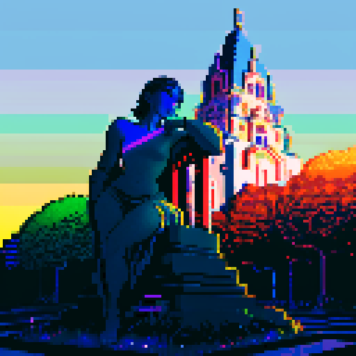 statue bathed in moonlight, vibrant colors illuminating, glowing pixels surrounding, mystical aura emanating, sharp edges defining, surreal atmosphere enveloping, neon shades contrasting, digital brushstrokes capturing the pixel art, sRGB style