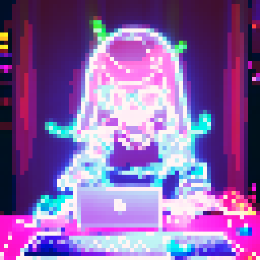 Tech-savvy baby with oversized glasses and suspenders operates a futuristic computer, surrounded by neon lights and holograms