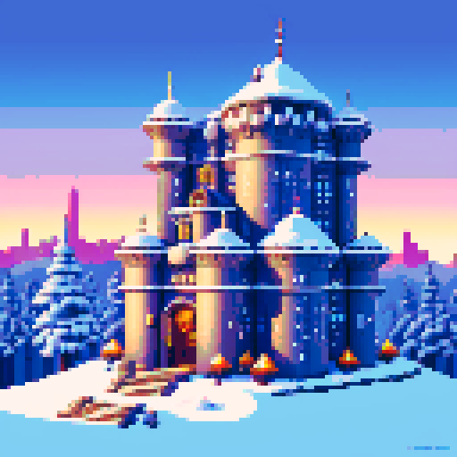 city in the woods, winterfell, futuristic buildings, pixel art, sRGB