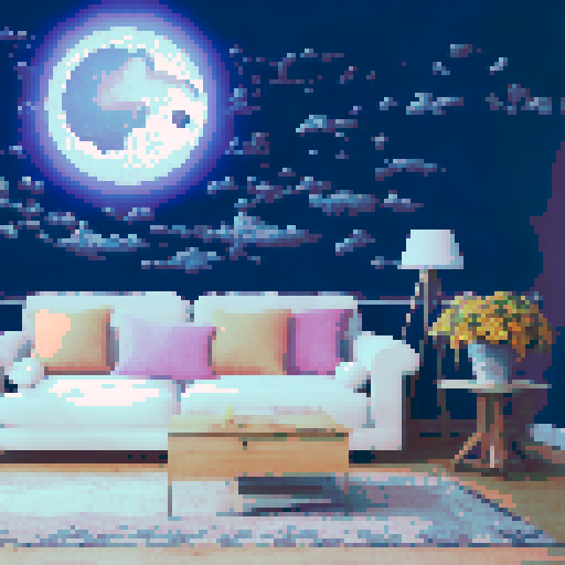 A modern teenage witch's bedroom. The room should have a mystical and whimsical atmosphere. Include a cozy bed with a canopy draped in fairy lights, shelves filled with spell books, potion bottles, and magical artifacts. Add a small cauldron on a wooden table with a spell being cast, emitting a soft, glowing light. The walls should have posters of celestial patterns, moon phases, and mystical symbols. Include a window showing a starry night sky with a full moon. Decorate the room with plants, cr