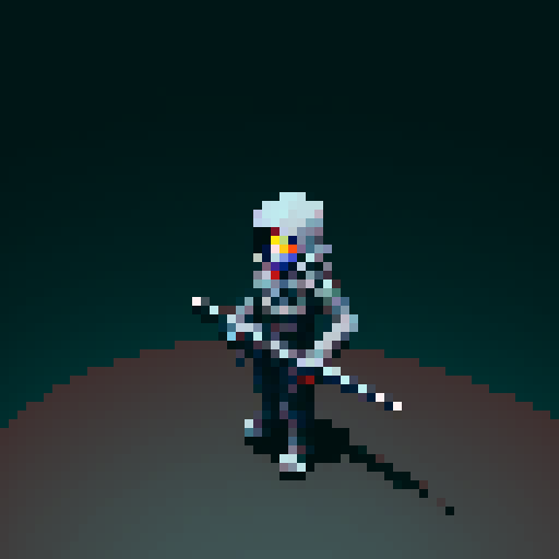 Game character rogue-like game with top view, regular guy with weapon and hand pet, cyberpunk, gray background, 16-bit, controls time, gray background