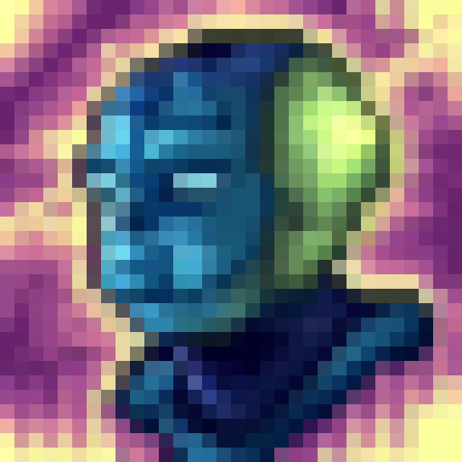 Cyber-knight scans verdant world with towering flora, glowing bioluminescence, & floating drones in a sleek, futuristic game icon art style; close-up, pixel art portrait.