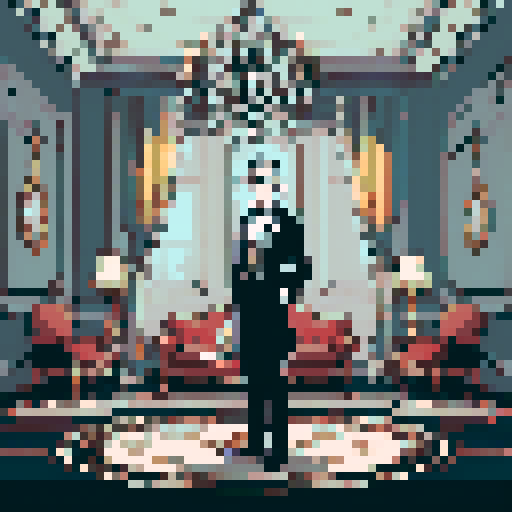 butler, formal attire, monocle, polished shoes, silver tray, elegant hand gesture, vintage wallpaper, chandelier, detailed facial features, refined posture, intricate pixel art, vibrant sRGB colors