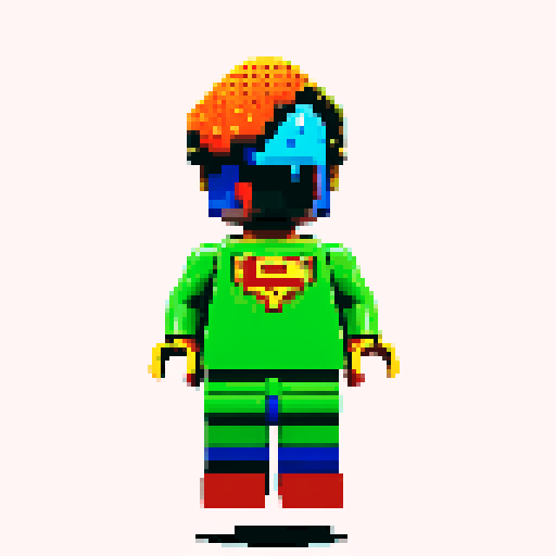 superman flying, vibrant pixelated red and blue costume, blocky lego-like figure, retro video game-inspired artwork, bold primary colors, sRGB color space