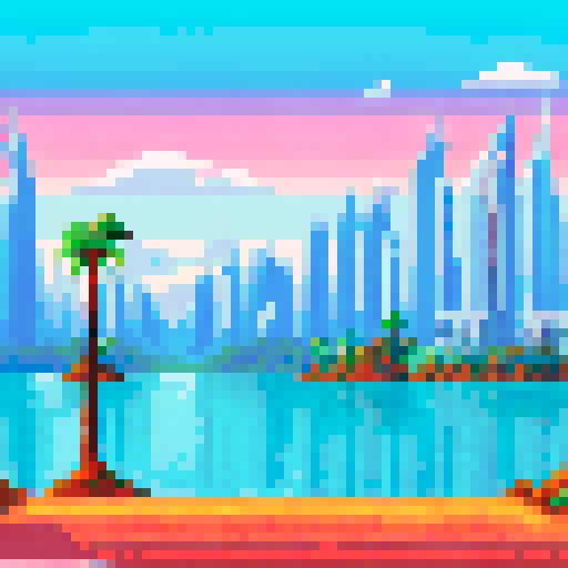 Towering skyscrapers, snow-capped mountains, a shimmering lake, and a palm tree oasis all come together in a pixel art landscape of Dubai in winter, set against a vibrant sRGB background