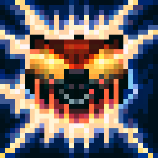 Glowing eyes, jagged teeth, fiery background, menacing horns, and intricate armor for a FINAL BOSS game icon in skillful 32x32 pixel art with a close-up, portrait-style.