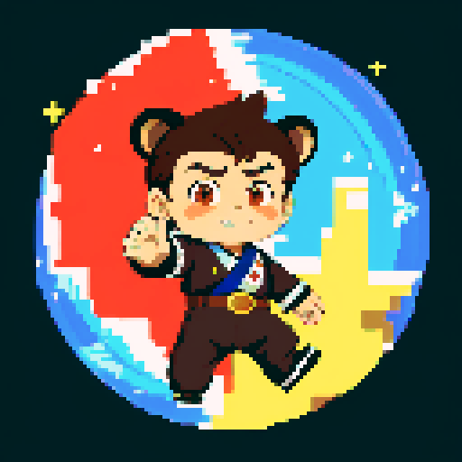 This image features a stylized bear inspired by retro 1995 anime, in a chibi art style. The bear has expressive black eyes and a brown skin. The hair is styled in long twin pigtails, the bear has magical clothes with belts and various patches. This bear has a mascot pose. The background depicts a detailed wild magic night with shining stars and a dark waterfall. This is a typical example of how popular anime characters