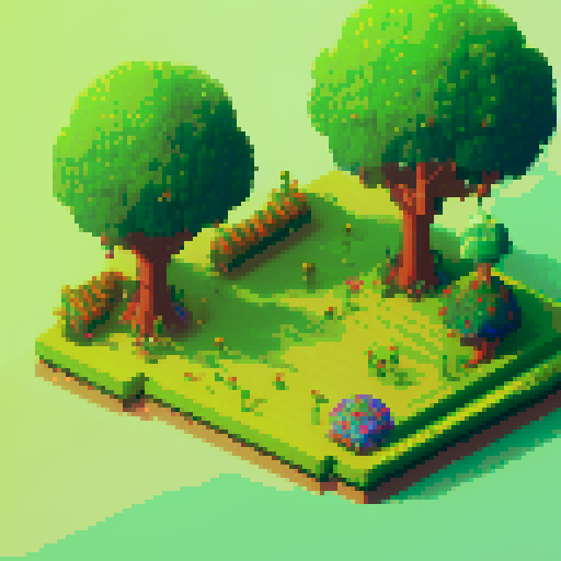 vibrant, lush, green grassy platform, colorful flowers, towering trees, charming pixel art style