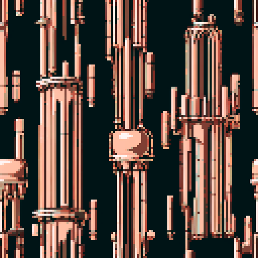 I want a tall vertical copper structure reminiscent of a organ pipe. It should have strange mechanical details that could interlock with each other. I also want this object usable an asset in a videogame, meaning only one object per image, outlined with a strong black stroke, on a solid-color background.