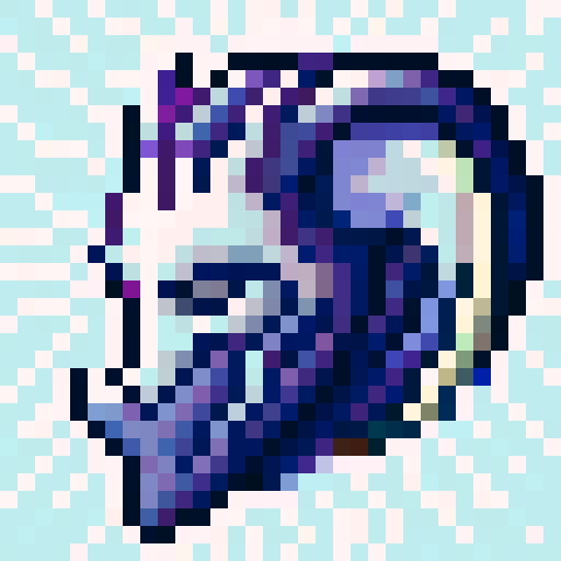 8 bit Pixel Art with a white background in the form of a mask with a pose facing right and shaped like a goat demon