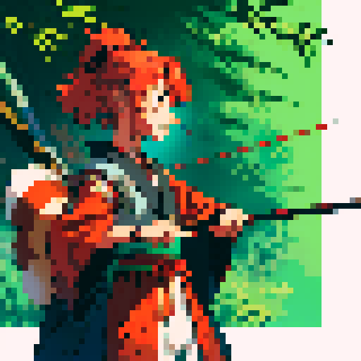 Samurai Benjie, a friendly teenage red panda with a kind and extroverted personality. He wears traditional samurai armor adapted for a red panda—lightweight with bamboo elements and decorative accents. Benjie stands in a relaxed pose, holding his slingshot at his side. His expression is friendly and determined. The style is colorful, whimsical, and enchanting, inspired by Miyazaki films like My Neighbor Totoro or Princess Mononoke.