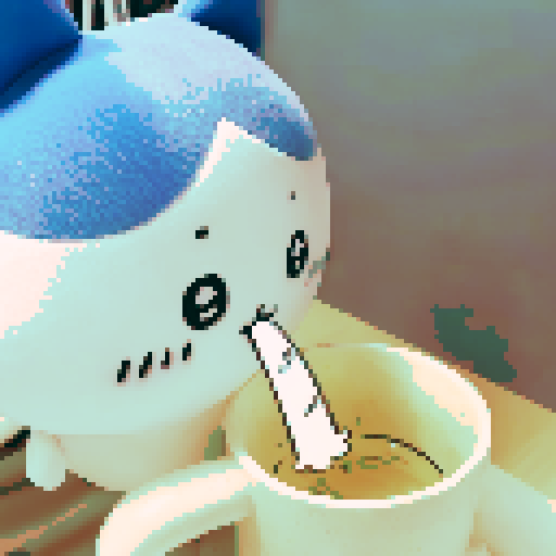 cartoon rabbit with blue ears, character portrait, close up, anime style, pixel art, vibrant colors, expressive eyes, detailed fur texture