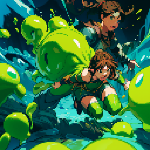 slime surging up around someone, slime engulfing a hero, slime consuming a hero, hero getting engulfed by slime, slime attack, dynamic, slime slamming into someone, impact, splashing slime, full-body image, full-body art, metal armor, brown hair