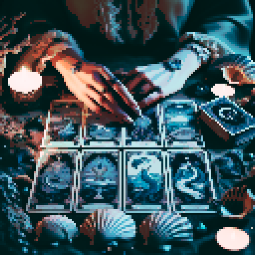 A close-up of a woman's hands over a table during a tarot card reading in a medieval dark style. The table is adorned with elements of the ocean such as sea shells, sand, and small pieces of coral. The atmosphere is mystical and dimly lit, with candlelight casting shadows that enhance the eerie and magical mood. The woman's hands are gracefully poised over the cards, which also have oceanic designs like waves and mermaids.