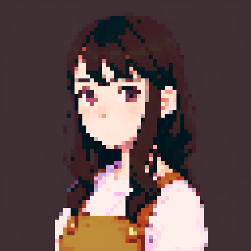 portrait, sprite art, young woman, dark eyes, dark hair, shy girl, awkward, cute, soft eyes, autistic, cozy, shy, timid, stardew valley