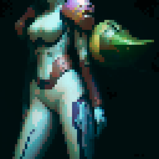 samus-aran type female character with anime eyes, no helmet, arm weapon like samus, medium sexy butt and boobs, standing facing right idle, fantasy RPG