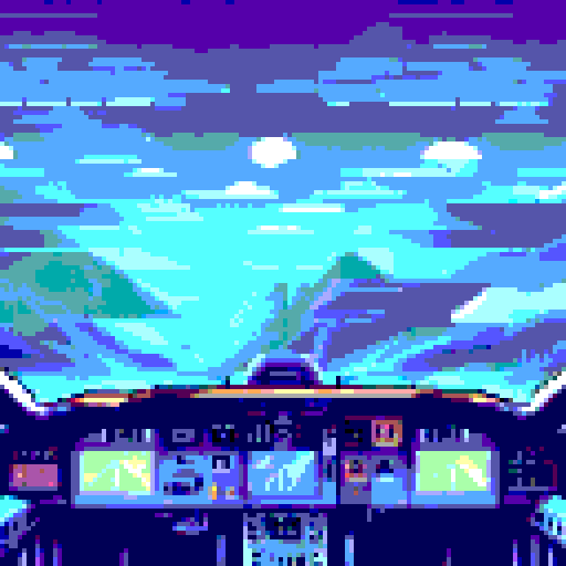 spaceship cockpit interior, blinking lights, knobs, dials, first person view, moody atmosphere, pixelated starscape, retro sRGB color palette, pixel art landscape