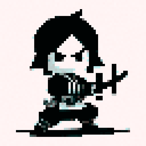 black and white samurai, sword in hands, attack pose, pixel art, sRGB