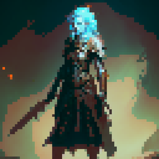 female water genasi half dwarf, red plate armor, flaming longsword, large stone tower shield with runes, game sprite style, simple colors, fantasy RPG