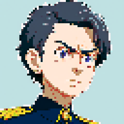 Minister of Defense, 55-years old, close-up, anime style, pixel art, serious expression, graying hair, piercing eyes, military uniform, confident stance, 