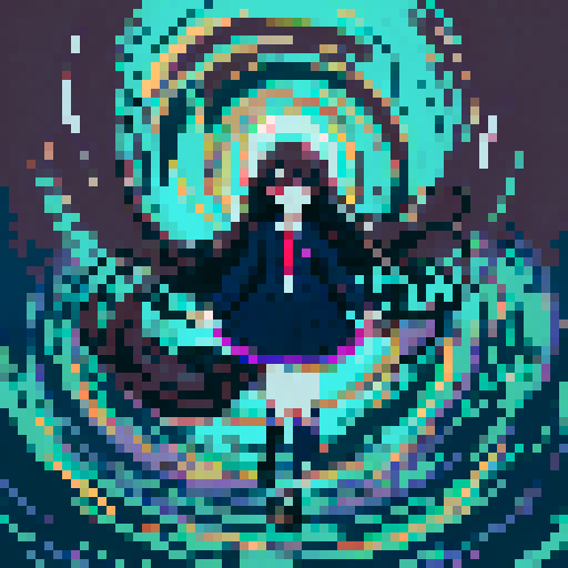 anime girl with long, glowing eyes, flowing hair, dark colors, hovering above the ground in a revealing school uniform, with a 16 bit style that pops against the sRGB color palette
