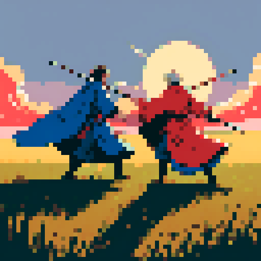 Two individuals are engaged in a playful duel in a rustic, open field at sunset. They are energetically brandishing brooms instead of traditional swords. One person, wearing a flowing blue robe, has a focused, competitive expression. The other, in a vibrant red cloak, exhibits a joyful grin. The setting sun casts dramatic, elongated shadows on the grass, enhancing the scene with a warm, golden light