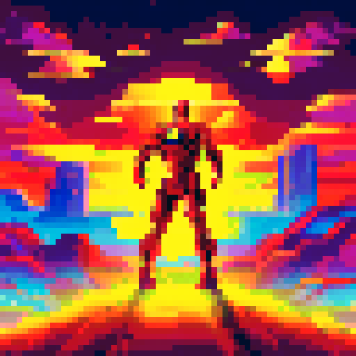 Ironman and Sherlock Holmes, surrounded by a pixelated landscape of neon colors, stand back to back in the Robert Downey Jr style, with Ironman's suit gleaming in the sRGB lighting and Sherlock's coat billowing behind him, ready to take on whatever danger may come their way