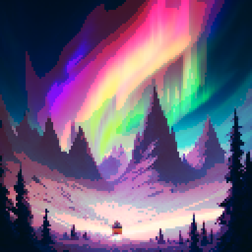 adorable village nestled in a whimsical, fantasy RPG landscape, with a sky ablaze in vibrant hues of the mesmerizing northern lights aurora borealis