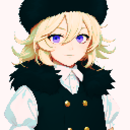visual novel sprite,  solo male, straight-on, inframe, facing viewer, perfect anatomy, looking at viewer, round pupils, best quality, very aesthetic, {{{{{blonde eyelashes}}}}}, light blonde, smile, closed mouth, light pink eyes, tareme, hair between eyes, ushanka hat, black fur collar, visual novel sprite, black vest, puffy sleeves, black elbow gloves, solo male, sadistic, inframe, round eye, full body, big hair, short hair, cute style 