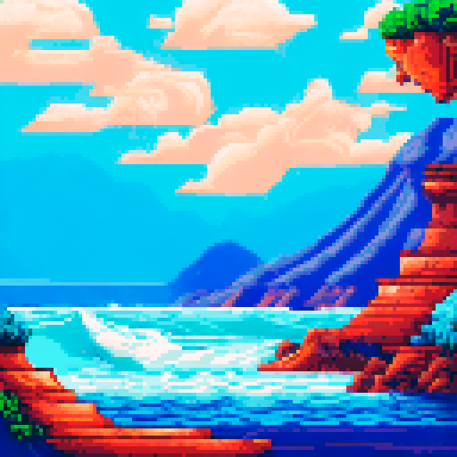 Mediterranean waves crashing in vibrant, contrasting hues with fluid movement and textured brushstrokes in a pixel art style, creating a mesmerizing sRGB palette of a landless seascape