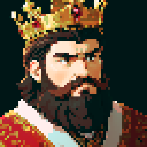 king, regal, crown, majestic, stoic expression, sharp features, detailed beard, silver accents, royal robe, intricate embroidery, game icon, 32x32 pixel art, sRGB, skill art, close up, portrait