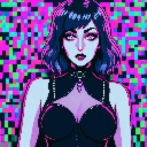 curvy, busty goth babe with studded collar. Portrait of head, Nude big titty goth, in a close up nude glamour shot. Neon lighting, modern tile backsplash.