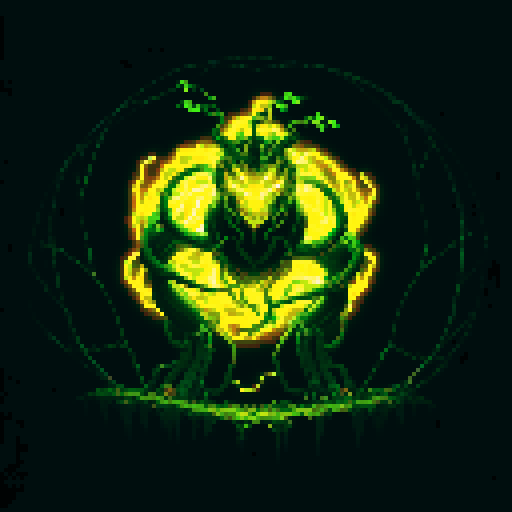 A large, powerful creature made of intertwined vines and roots. It has sharp thorns, glowing yellow eyes, and a fierce expression. It moves with a menacing grace, ready to ensnare its enemies. No background.
