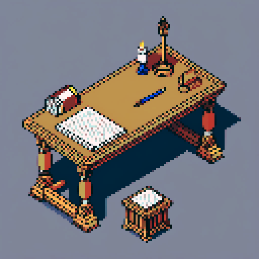  block, wood, isometric, medieval, writing table, feather pen, ink, paper, papers, royal seal, law, dark, close, royal decree