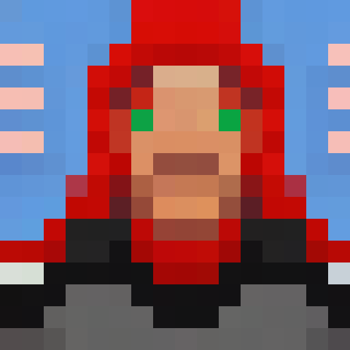 White body with red circuits and glowing blue eyes in a game icon-style 16x16 pixel art close-up portrait.