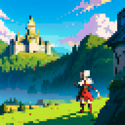 Anime warrior on an adventure with a castle in the backgroun. 