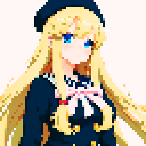 anime, girl, teenager, long hair, blonde, ribbon, large breasts, sailor uniform, school, blue eyes, smile, shy, blush, anime style, black outlines