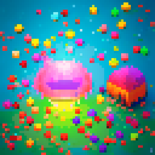 "Colorful bubbles float amidst a vibrant, pixelated world as children giggle with delight at the wondrous bubble show."