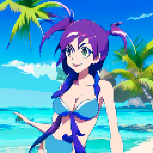 Bikini-clad beauty lounging on a tropical beach, surrounded by palm trees and crystal-clear waters, with her long, flowing hair and curvaceous figure depicted in a vibrant anime style.
