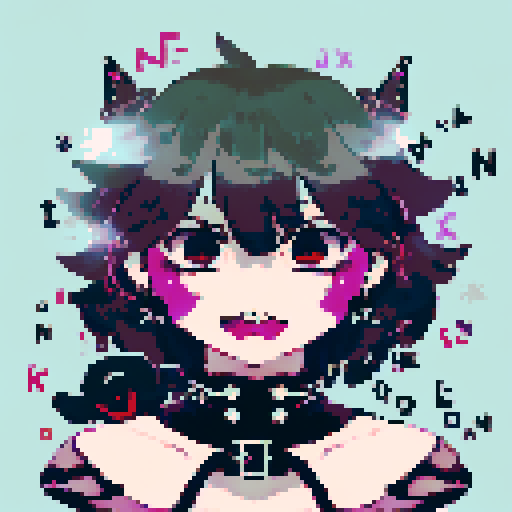 curvy, cute busty goth girl's face, whole head portrait, black hair, purple eyeshadow, red lipstick, low cut black studded leather halter top, studded collar, vibrant sRGB colors, edgy aesthetic. 